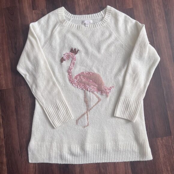 Lauren Conrad Sweater Medium Sequin Flamingo White Crewneck Split Sides Bling - Picture 7 of 8